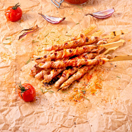 Fresh and crispy rustic pork belly barbecue sticksの写真素材