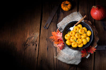 delicious autumnal dumplings with hokkaido pumpkin pureeの写真素材
