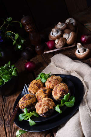 stuffed with minced meat and baked Champignonsの写真素材