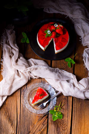 delicious strawberry cream cheese pie with biscuit baseの写真素材