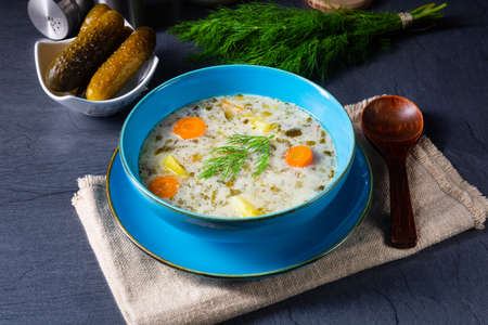 Polish sour cucumber soup or salt cucumber soup.の写真素材