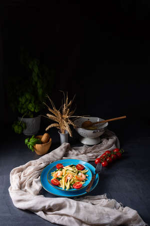 strozzapreti pasta with spinach and shrimpの写真素材