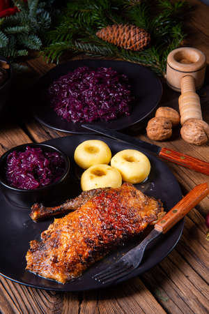 Roast goose with baked apples, red cabbage and dumplingsの写真素材