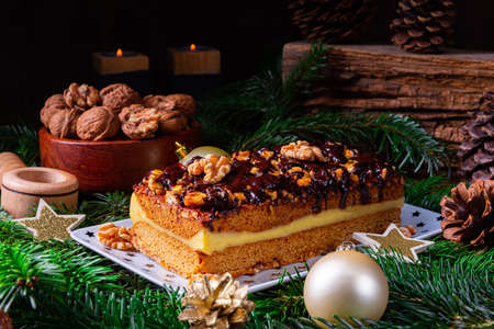 Chocolate gingerbread with filling, jam and nutsの写真素材