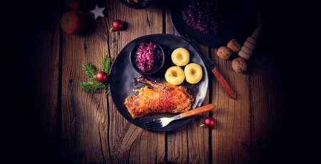 Roast goose with baked apples, red cabbage and dumplingsの写真素材