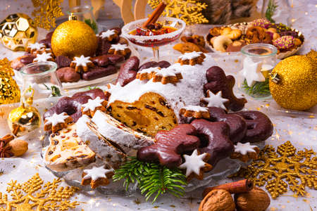 Christmas marzipan stollen with gingerbreadの写真素材