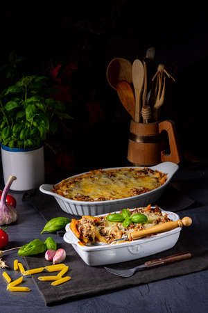 noodle , minced meat casserole with cheeseの写真素材