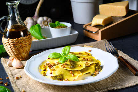 Vegetariano italiano! Tortelli with roasted pine nuts and pesto basilicoの写真素材
