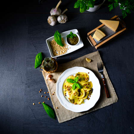 Vegetariano italiano! Tortelli with roasted pine nuts and pesto basilicoの写真素材
