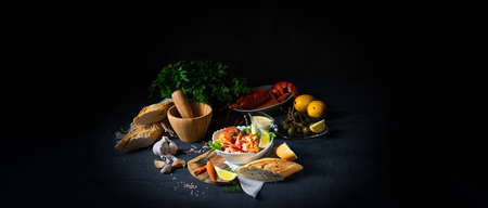 Lobster - crab salad with pastaの写真素材