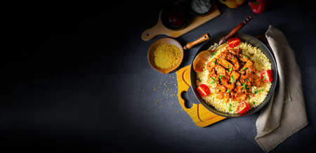 rustic bulgur pans with gratinated gyros and yoghurtの写真素材