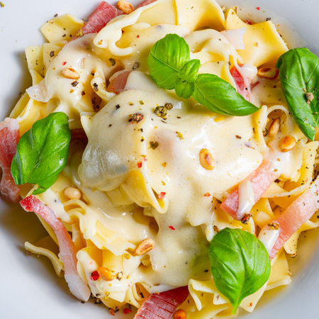 Tagliatelle with gorgonzola, masarpone sauce and ham.の写真素材