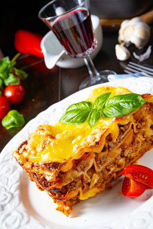 Delicious lasagne with Bolognese and bÃ©chamel sauceの写真素材