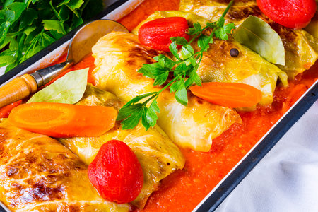 Polish cabbage rolls with tomato sauceの写真素材