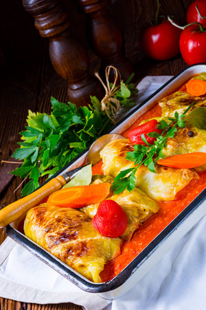 Polish cabbage rolls with tomato sauceの写真素材