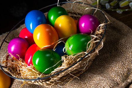 Colorful Easter eggs, an atmospheric decorationの写真素材
