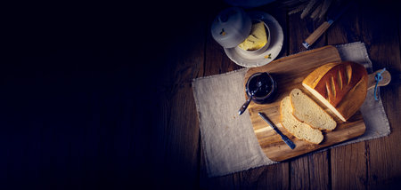 white bread with butter and delicious jamの写真素材
