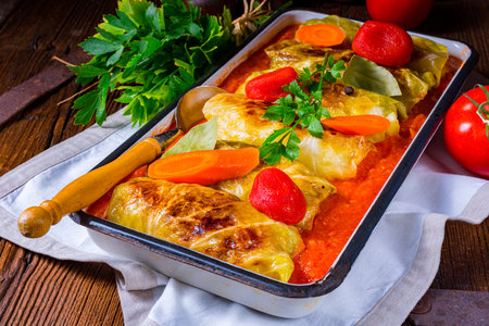 Polish cabbage rolls with tomato sauceの写真素材