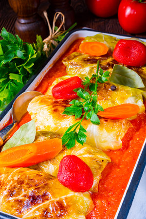Polish cabbage rolls with tomato sauceの写真素材