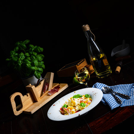 Tagliatelle with gorgonzola, masarpone sauce and ham.の写真素材