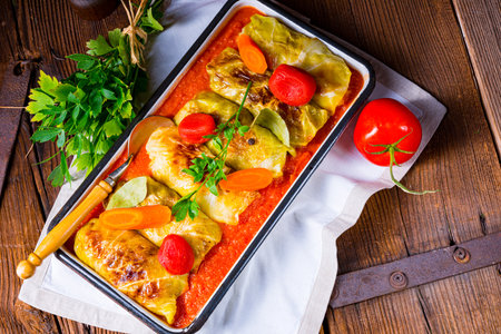 Polish cabbage rolls with tomato sauceの写真素材