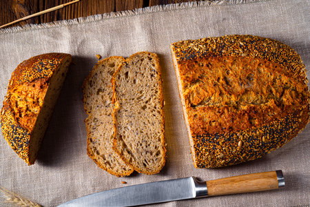 Flaxseed bread with a poppy seed and sesame mixtureの写真素材