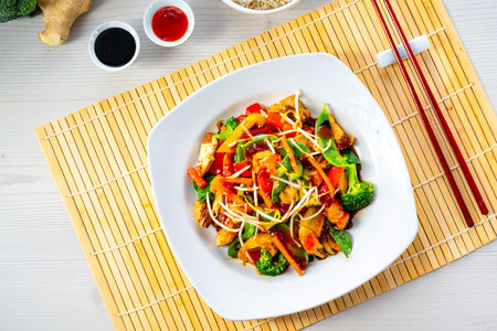 sweet and sour chicken with rice and vegetablesの写真素材
