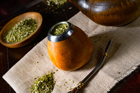 Prepare yerba mate with calabash and bombillaの写真素材