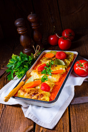 Polish cabbage rolls with tomato sauceの写真素材