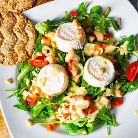 Rocket salad with goat cheese and honey dressingの写真素材