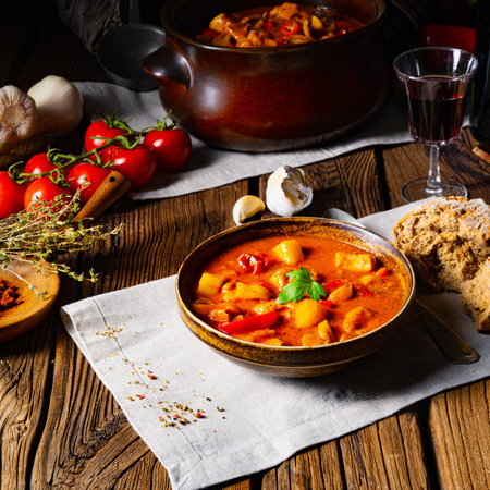 rustic Hungarian goulash soup with paprikaの写真素材