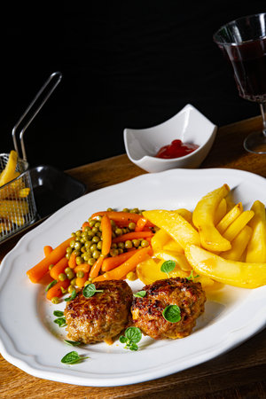 Homemade meatballs with french fries and vegetablesの写真素材