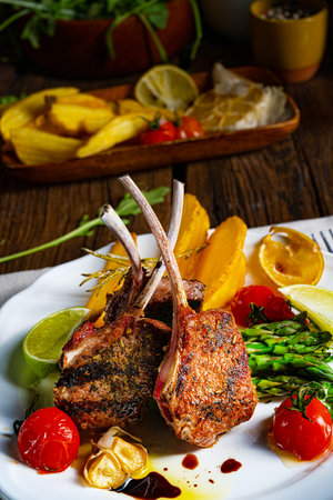 Lamb chops marinated in herbs with green asparagus and limeの写真素材
