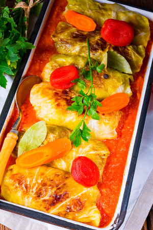 Polish cabbage rolls with tomato sauceの写真素材