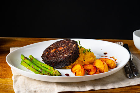 Black pudding with green asparagus and fried appleの写真素材