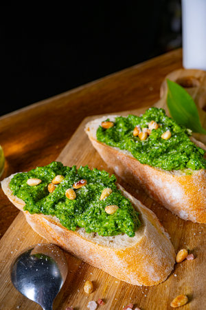 rustic wild garlic pesto baguetteの写真素材