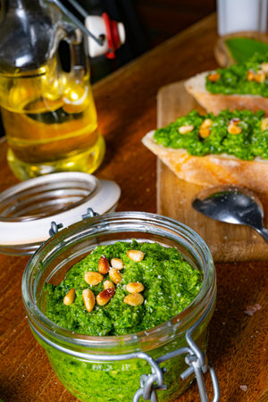 delicious wild garlic pesto with pine nutsの写真素材