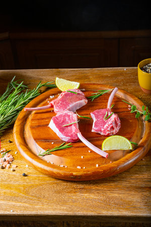 Raw Fresh Lamb Chops Wooden Cutting Boardの写真素材
