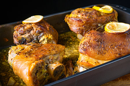 Crispy roasted pork knuckles from the ovenの写真素材