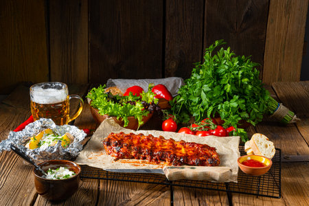 spicy spare ribs with baked potatoes and sour creamの写真素材