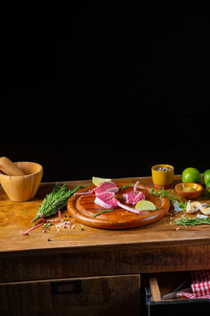 Raw Fresh Lamb Chops Wooden Cutting Boardの写真素材