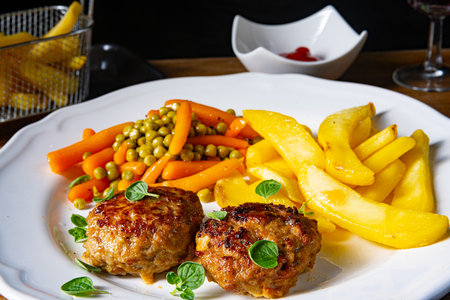Homemade meatballs with french fries and vegetablesの写真素材