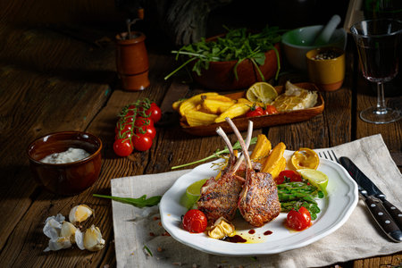 Lamb chops marinated in herbs with green asparagus and limeの写真素材