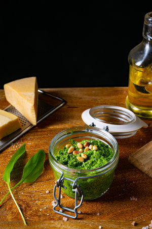 delicious wild garlic pesto with pine nutsの写真素材