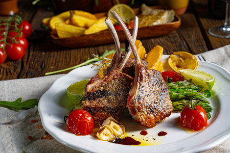 Lamb chops marinated in herbs with green asparagus and limeの写真素材