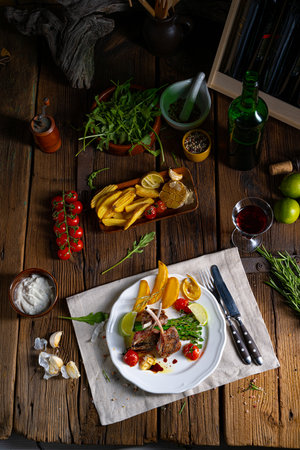 Lamb chops marinated in herbs with green asparagus and limeの写真素材