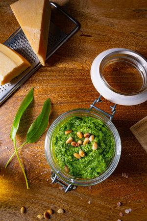 delicious wild garlic pesto with pine nutsの写真素材