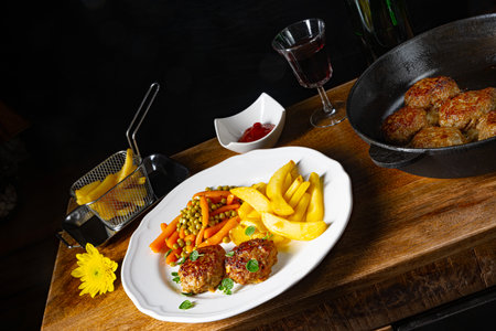 Homemade meatballs with french fries and vegetablesの写真素材