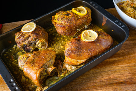 Crispy roasted pork knuckles from the ovenの写真素材