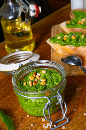 delicious wild garlic pesto with pine nutsの写真素材